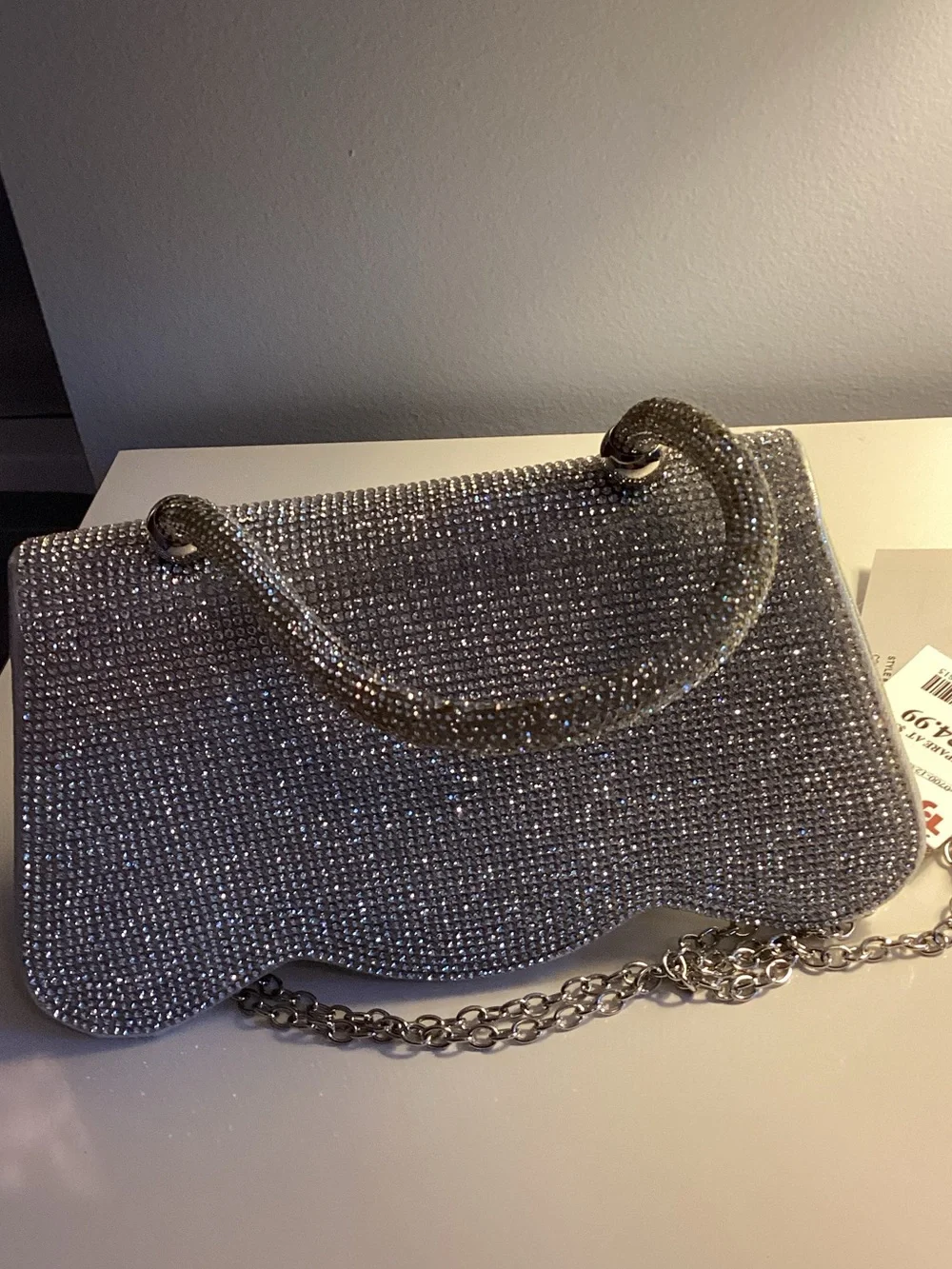 Silver Crystal Scallop-Edge Evening Clutch with Top Handle